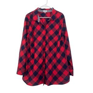 Crown & Ivy Red & Navy Plaid Button-Up Shirt Women Size 3X Curvy Fit Long Sleeve